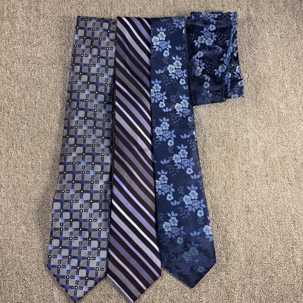 Men’s Fashion Tie Lot 3 Ties Blue Purple Floral Business Striped Bonus